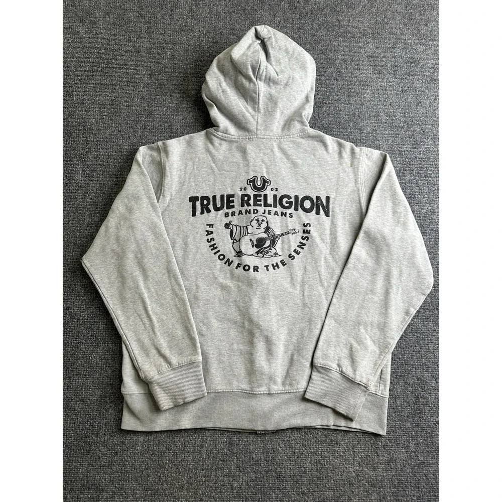 Mens True Religion Buddha Zip Hoodie Gray Logo Graphic Sweatshirt Size L